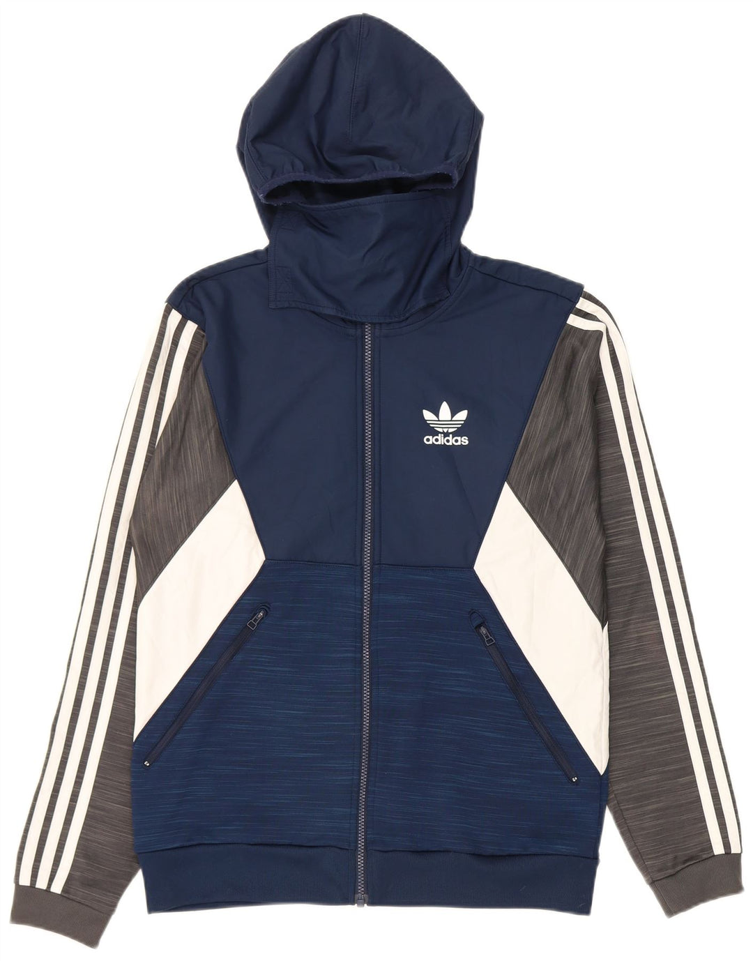 Adidas Męski sweter z kapturem i zamkiem błyskawicznym, mały, granatowy, z blokami kolorów, poliester