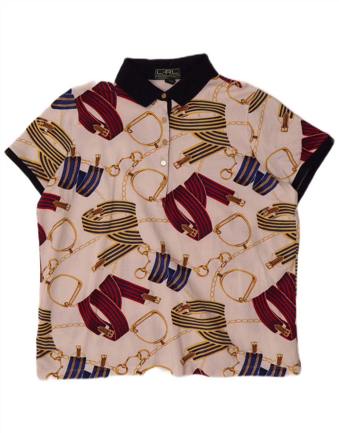 Damska koszulka polo Ralph Lauren Riding Abstract Pattern, 2XL, biała bawełna