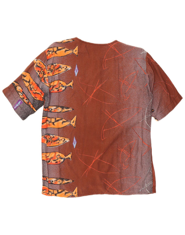 Vintage damska graficzna bluzka z krótkim rękawem UK 14, duża brązowa