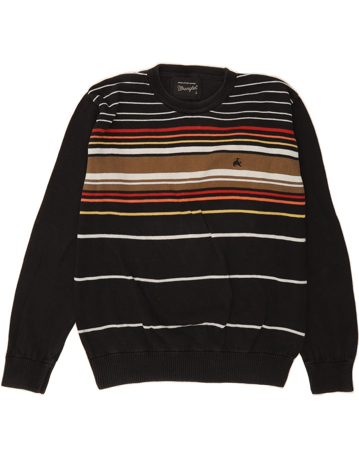 WRANGLER Mens Crew Neck Jumper Sweater Large Black Striped Cotton Vintage Wrangler and Second-Hand Wrangler from Messina Hembry 