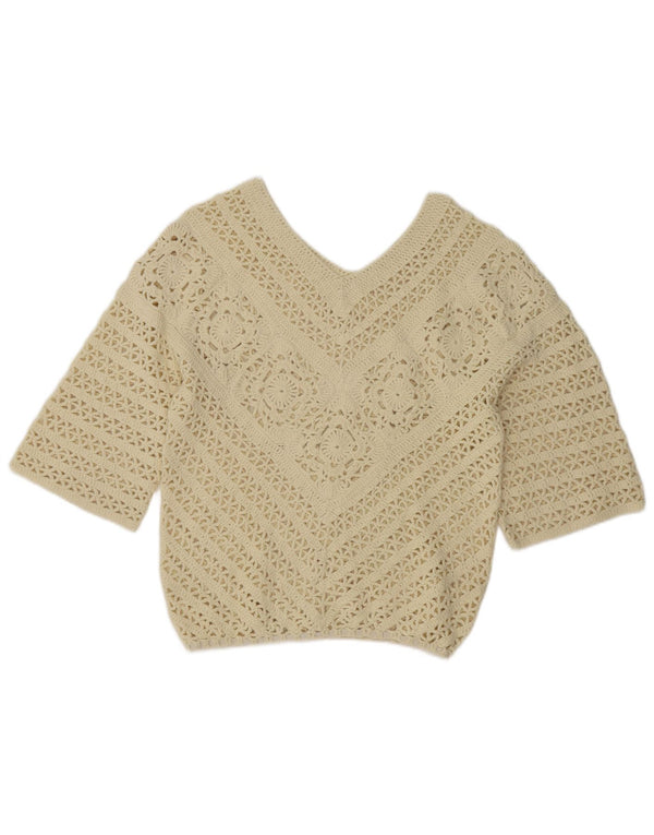 Vintage damski sweter z rękawem 3/4 i dekoltem w kształcie litery V, UK 12, średni złamanej bieli