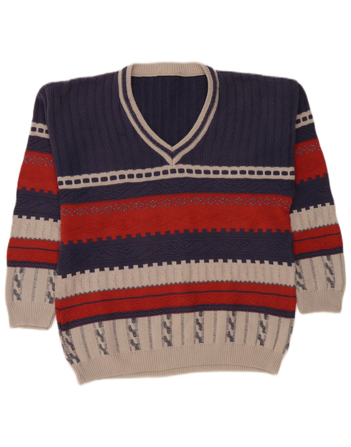 Męski sweter w stylu vintage z dekoltem w kształcie litery V, mały granatowy, blok kolorów