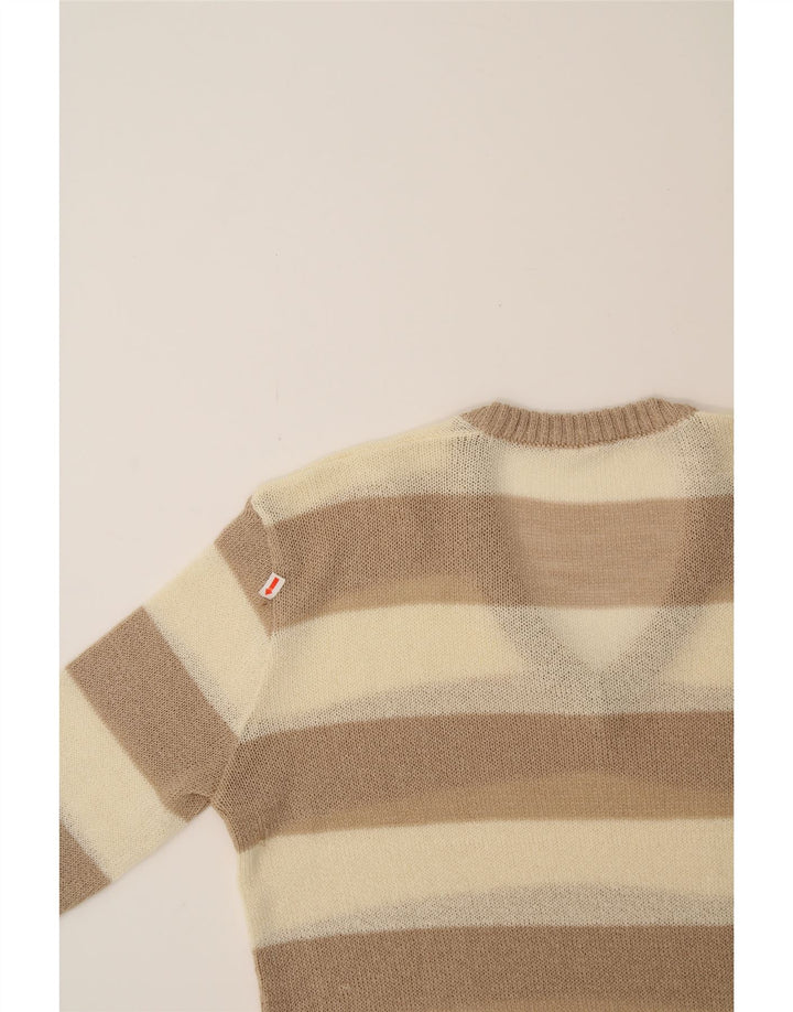 VINTAGE Mens V-Neck Jumper Sweater Medium Beige Striped Acrylic Vintage Vintage and Second-Hand Vintage from Messina Hembry 