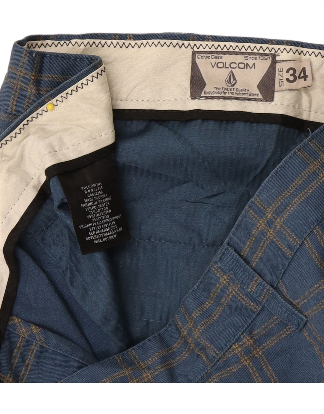 Męskie spodenki Chino Volcom W34, duże, niebieskie, poliestrowe w kratę