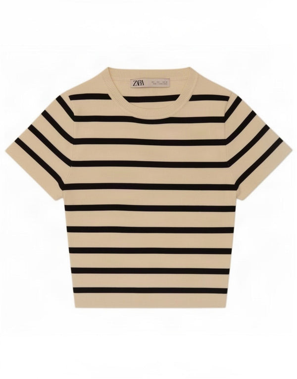 Damski krótki t-shirt Zara UK 14 w duże beżowe paski