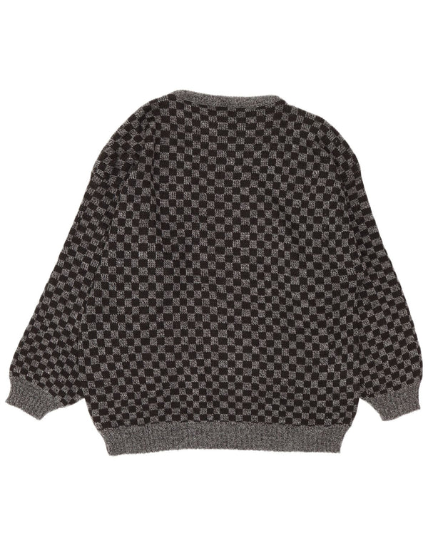 Męski sweter w stylu vintage z dekoltem w szpic, duży, szary, geometryczny akryl