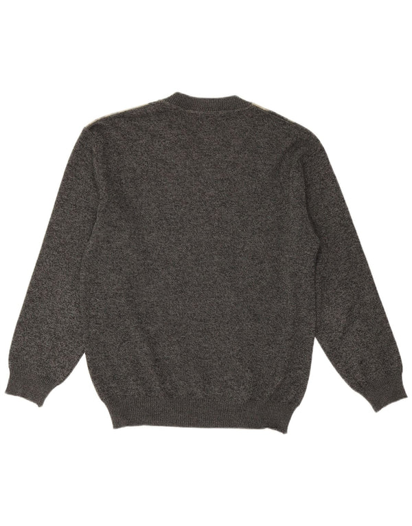 Męski sweter w stylu vintage z dekoltem w szpic, średnioszary, geometryczny, wełniany merynos