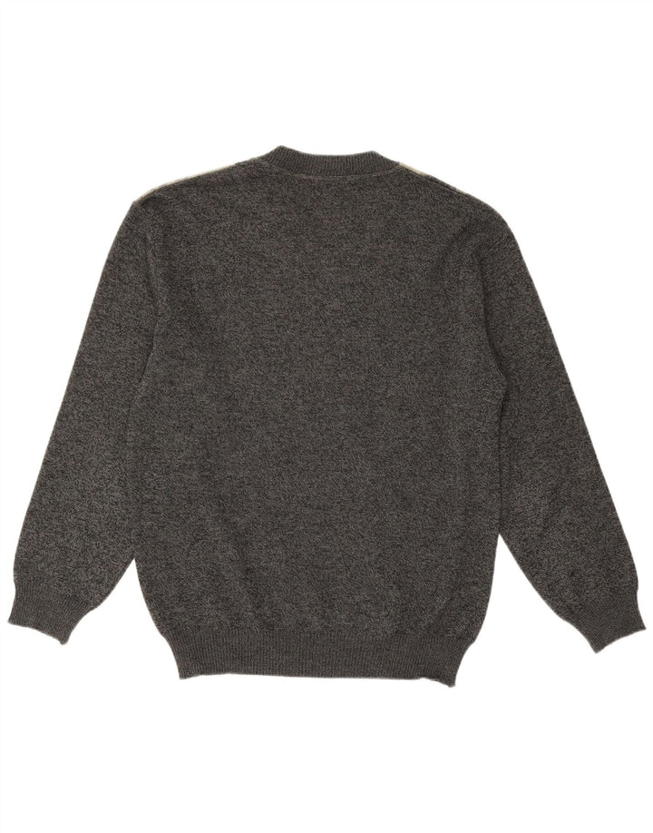Męski sweter w stylu vintage z dekoltem w szpic, średnioszary, geometryczny, wełniany merynos