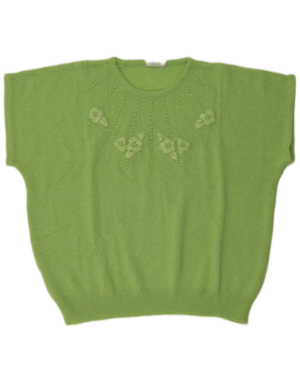 Sweter damski w stylu vintage z krótkim rękawem i okrągłym dekoltem IT 58 5XL Zielony kwiatowy