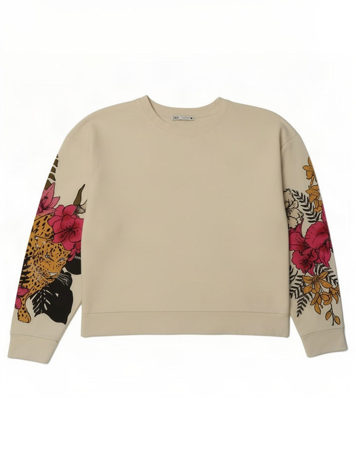 Damska bluza oversize Zara z grafiką UK 14, średnia, biała, w kwiaty