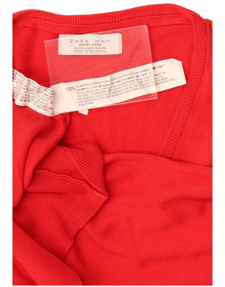 Zara Męski sweter z dekoltem w kształcie litery V, XL, czerwony, bawełniany