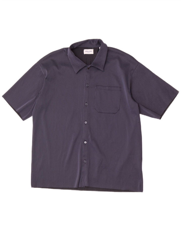 Męska koszula z krótkim rękawem Jack & Jones, duży, granatowy, poliestrowy w paski