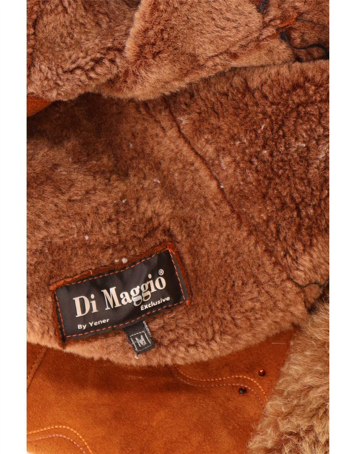 Vintage damska kurtka shearling UK 12, średnia brązowa skóra