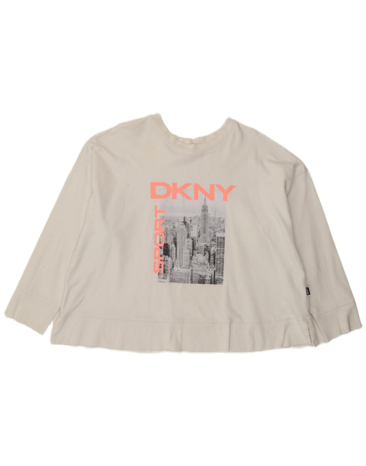Damski top oversize z grafiką Dkny z długim rękawem, UK 14, średnia biała bawełna