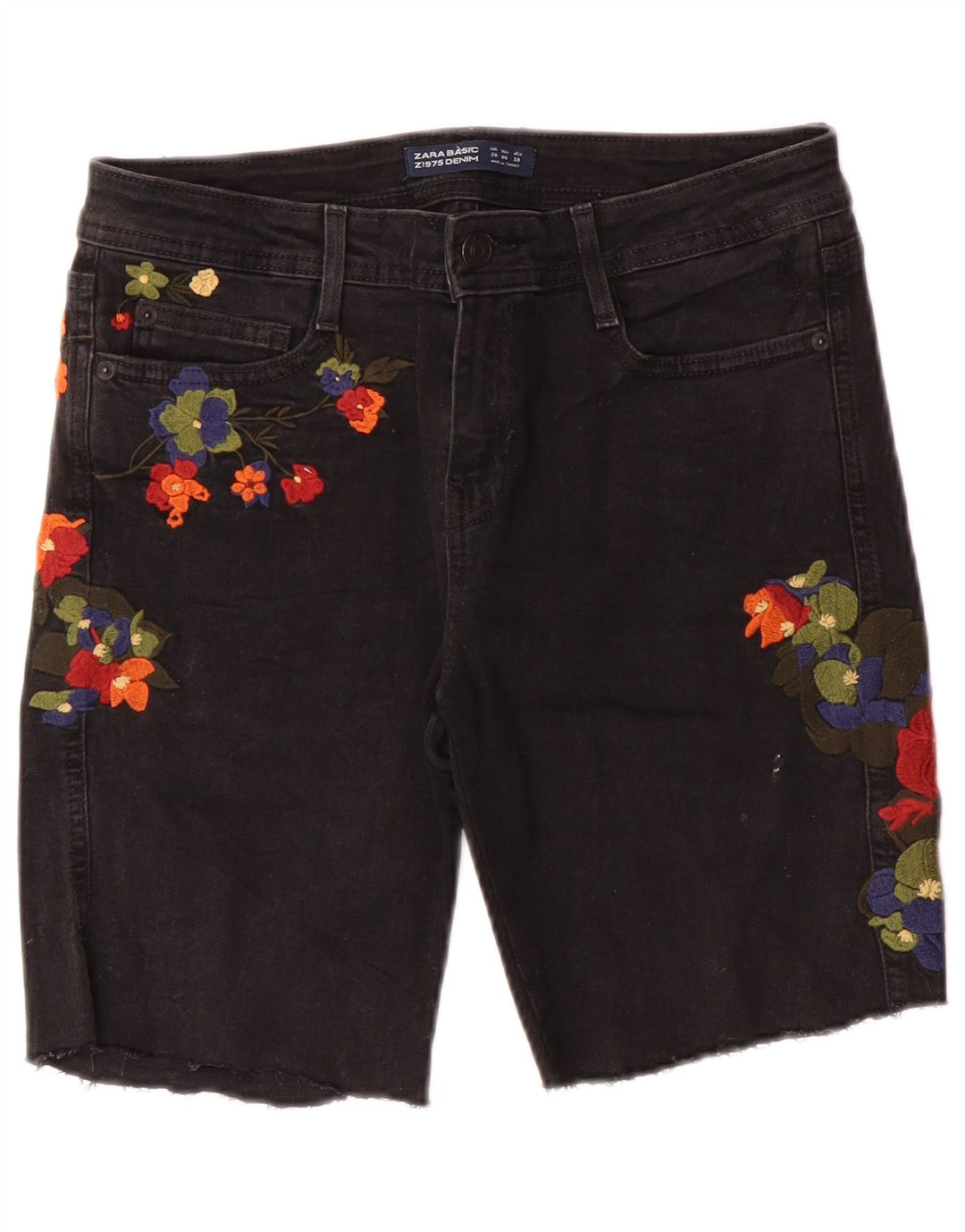Damskie spodenki jeansowe Zara Graphic EU 38 Small W28 Czarne, kwiatowe, artystyczne