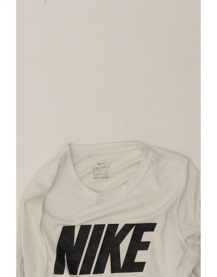 NIKE Boys Graphic Top Long Sleeve 12-13 Years Large White Polyester Vintage Nike and Second-Hand Nike from Messina Hembry 
