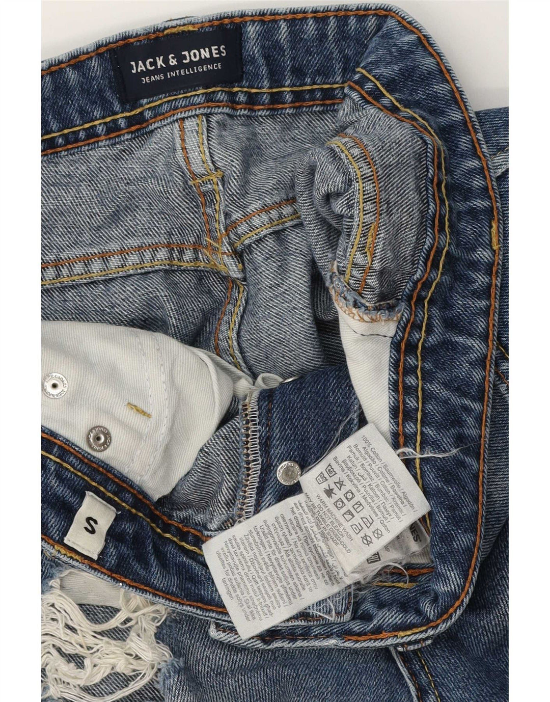 Męskie spodenki jeansowe Jack & Jones w trudnej sytuacji o regularnym kroju, małe W28, niebieskie, bawełniane