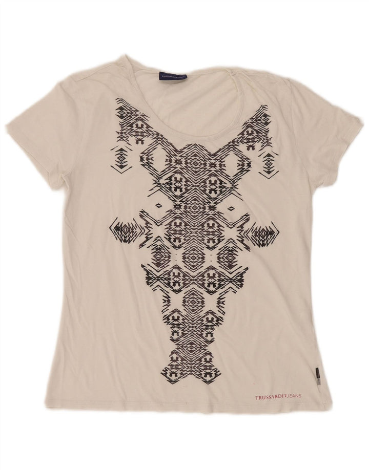 Damska koszulka z grafiką TRUSSARDI JEANS Top UK 14, duża, biała, geometryczna