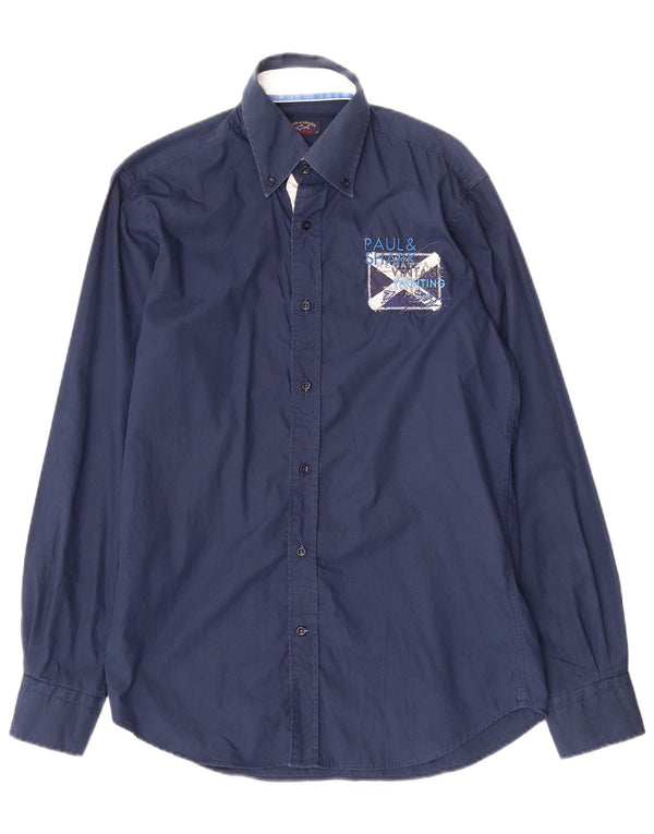 Paul & Shark Mens Graphic Shirt Size 39 Medium Navy Blue Cotton