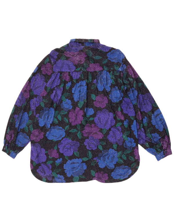 Damska bluzka koszulowa oversize w stylu vintage UK 16, duża niebieska w kwiaty