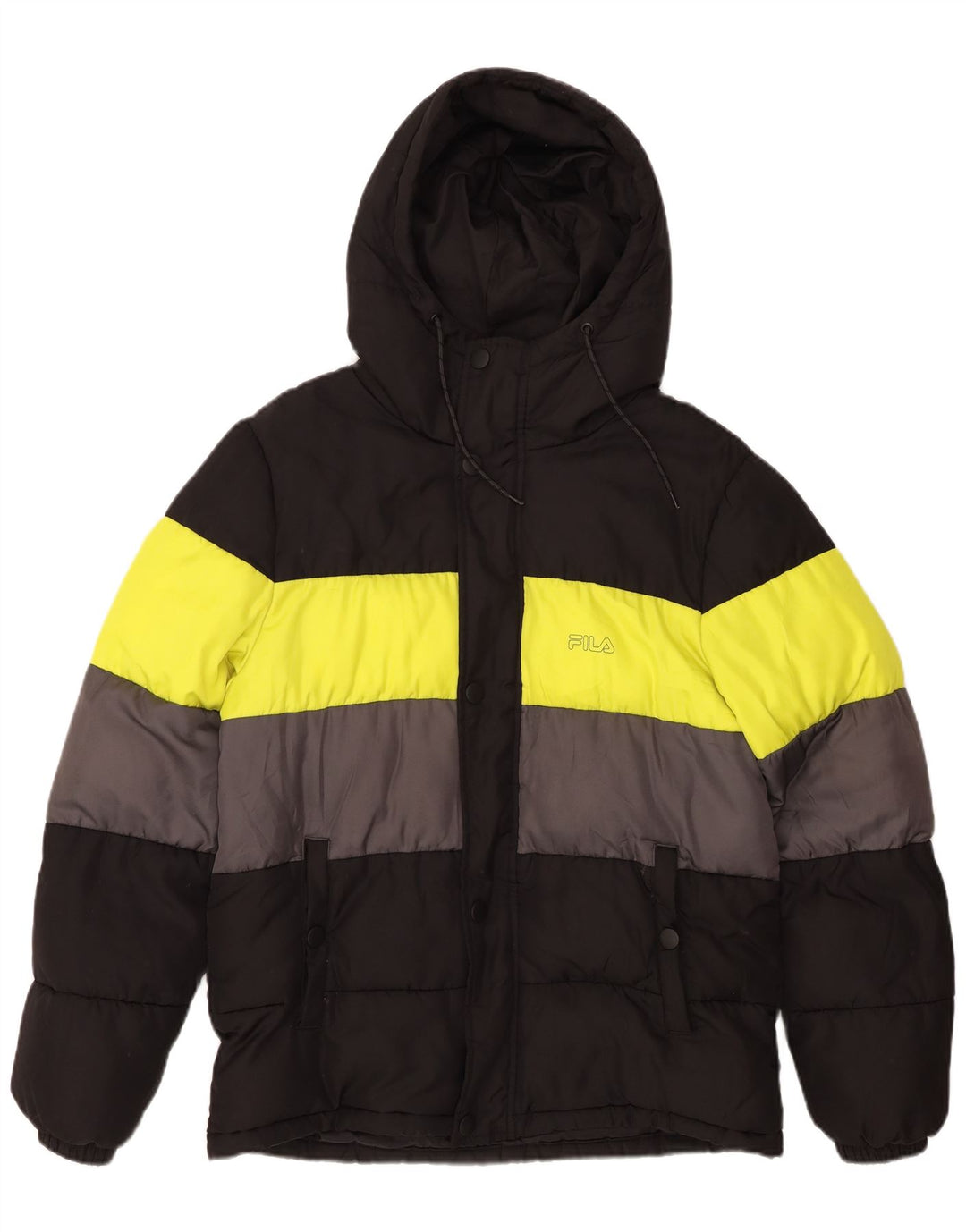 Męska ocieplana kurtka z kapturem FILA UK 36, mały, czarny poliester z blokami kolorów