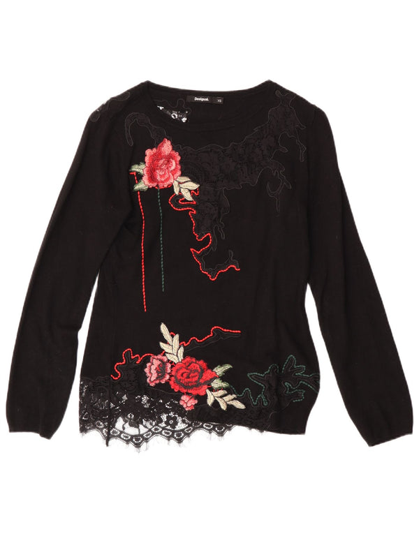 DESIGUAL Damski sweter z dekoltem w łódkę UK 6 XS, czarny w kwiaty