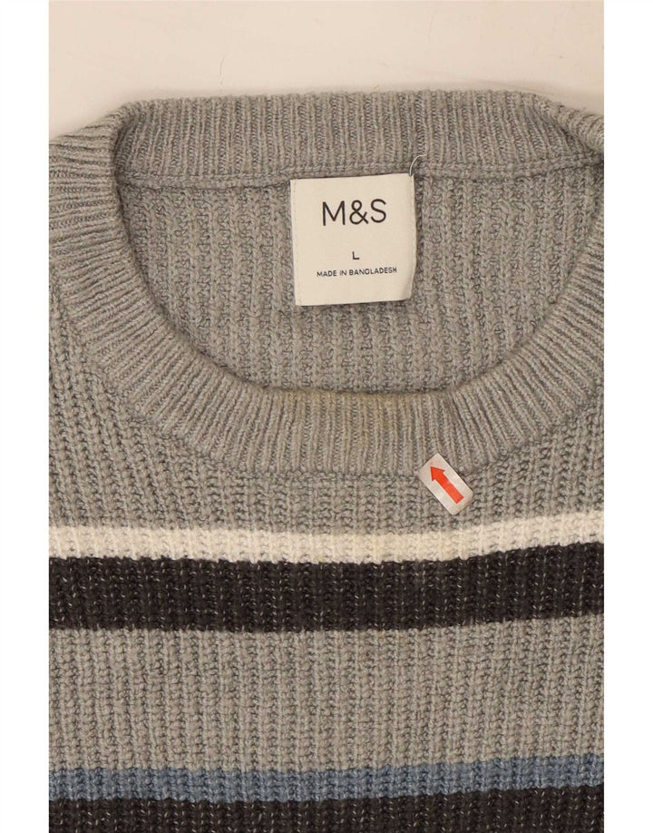 Marks & Spencer Męski sweter z okrągłym dekoltem, duży, szary, poliestrowy w paski
