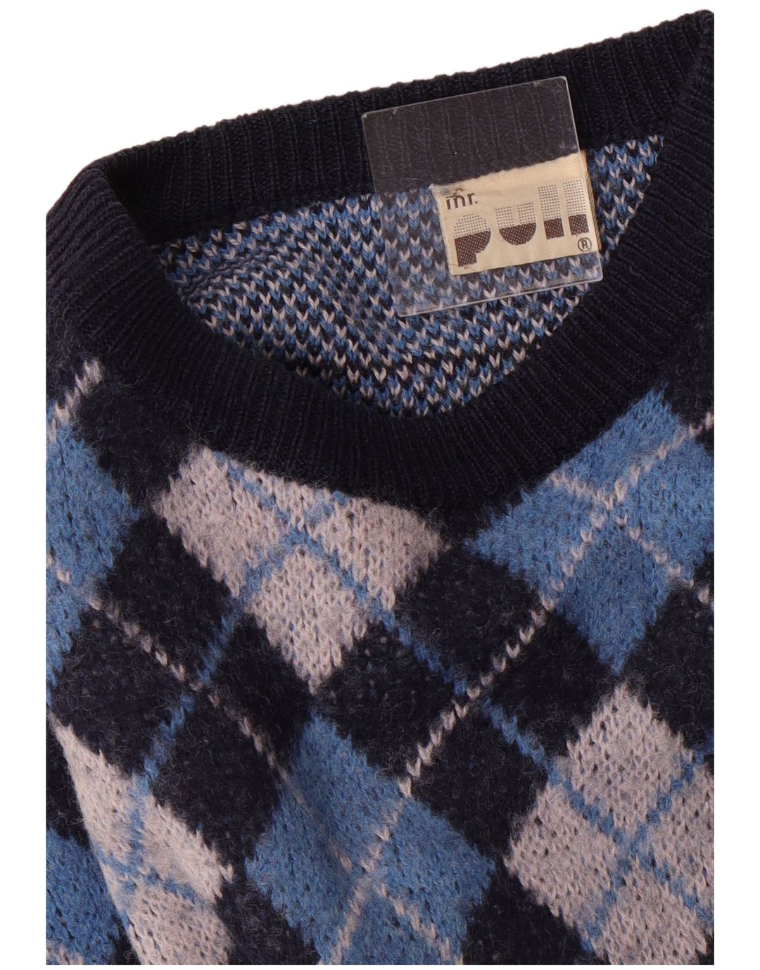 VINTAGE Mens Crew Neck Jumper Sweater Large Blue Argyle/Diamond Classic