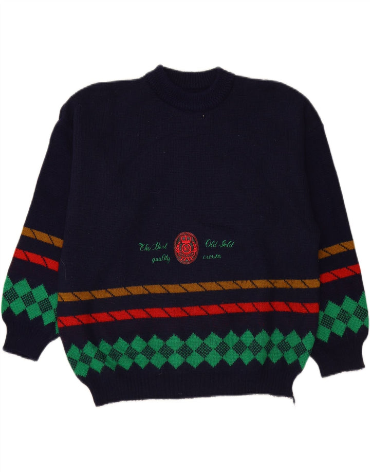 VINTAGE Mens Graphic Crew Neck Jumper Sweater Medium Navy Blue Striped Vintage Vintage and Second-Hand Vintage from Messina Hembry 