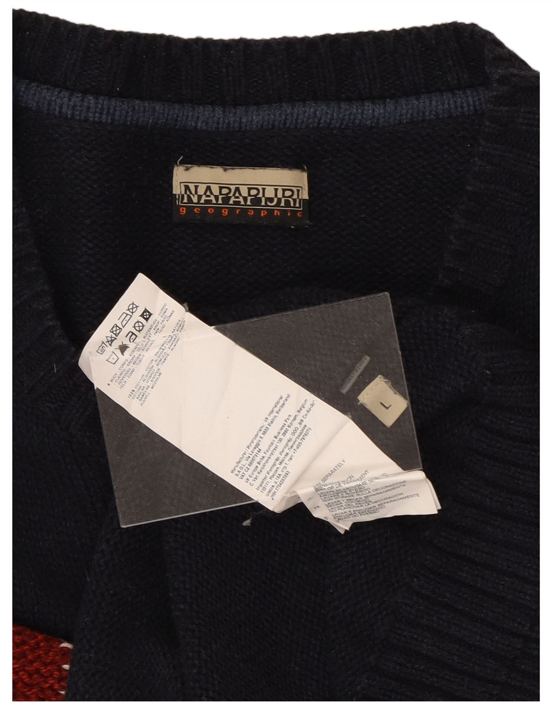 Męski sweter NAPAPIJRI z graficznym wycięciem pod szyją, duży, granatowy, bawełniany