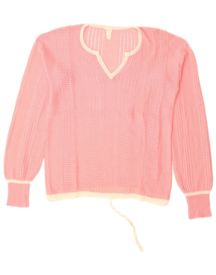 Sweter damski w stylu vintage z dekoltem w kształcie litery V, UK 14, średni róż