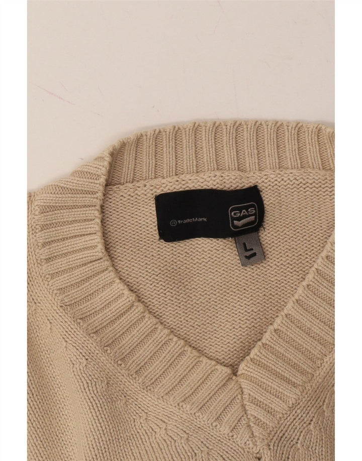GAS Mens V-Neck Jumper Sweater Large Beige Cotton Vintage Gas and Second-Hand Gas from Messina Hembry 