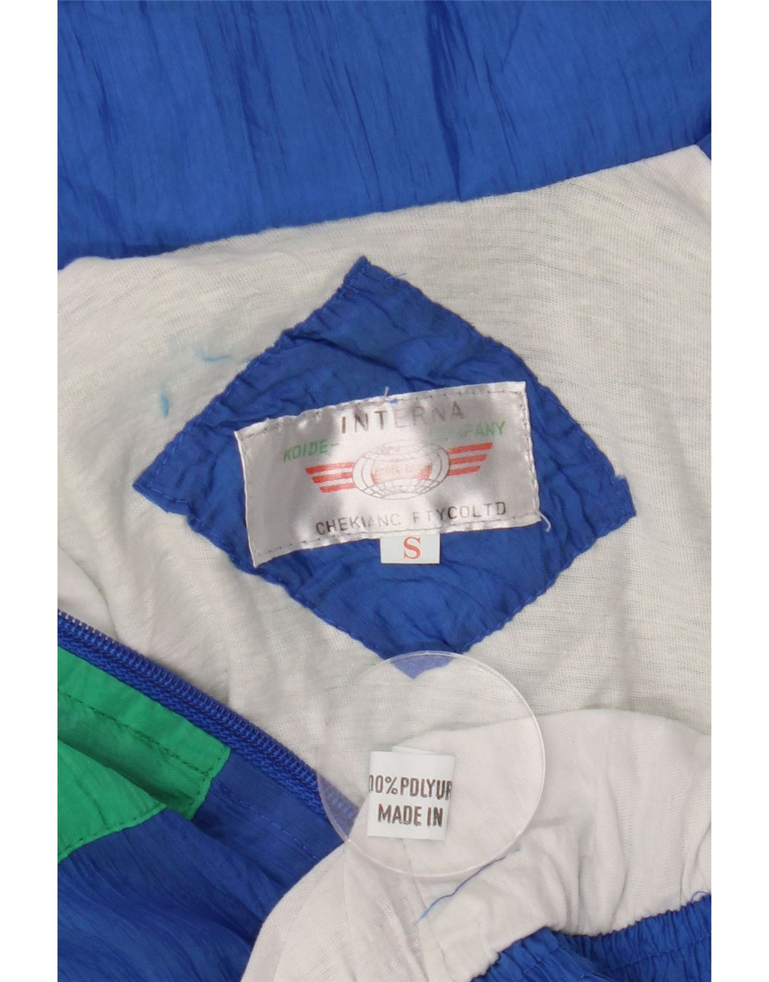 Kurtka męska dresowa w stylu vintage, mała, niebieska, z blokami kolorów, poliuretanowa, retro