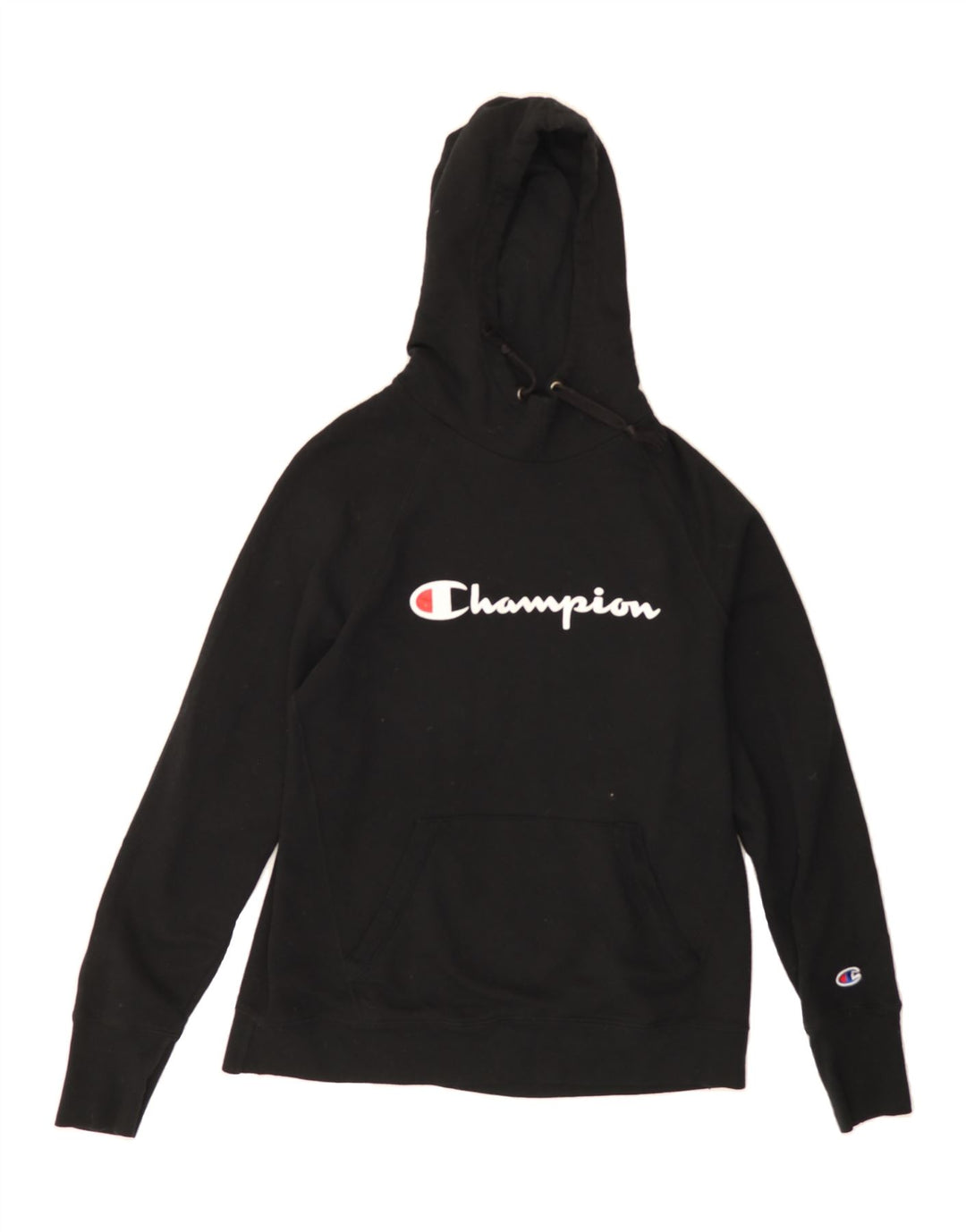 CHAMPION Womens Graphic Hoodie Jumper UK 14 Medium Black Polyester Vintage Champion and Second-Hand Champion from Messina Hembry 