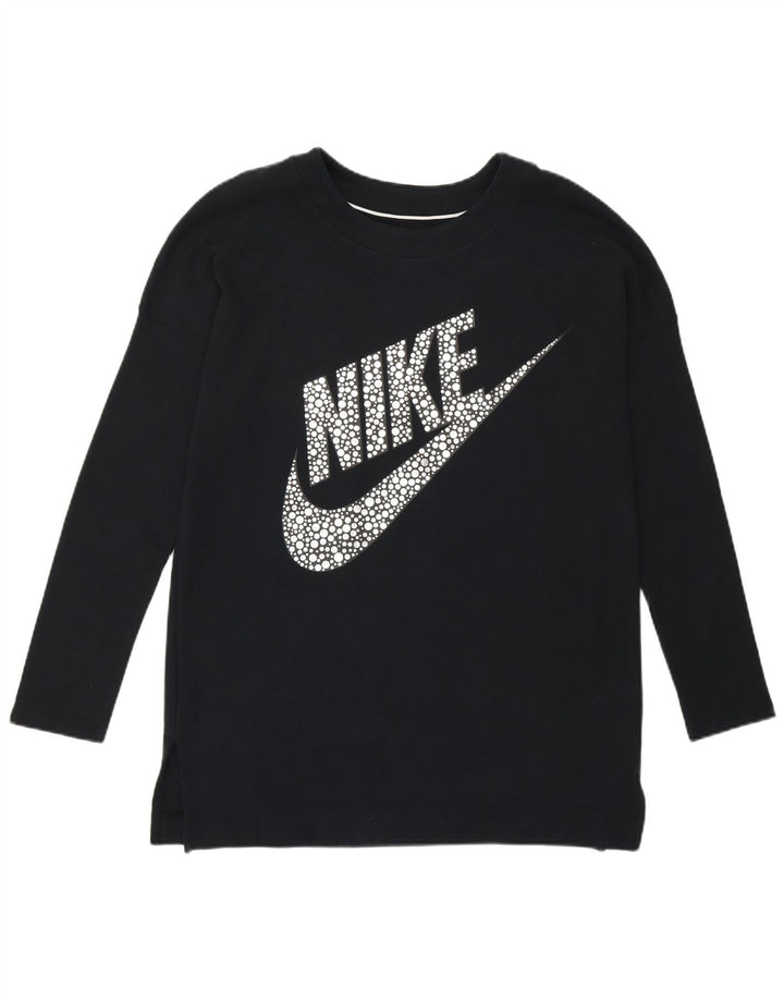 NIKE Womens Graphic Top Long Sleeve UK 14 Medium Black Cotton