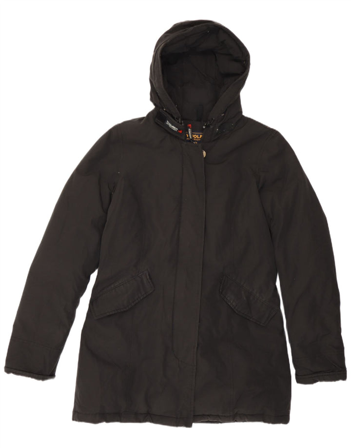 Damski ocieplany płaszcz z kapturem Woolrich UK 14, średnia czarna bawełna