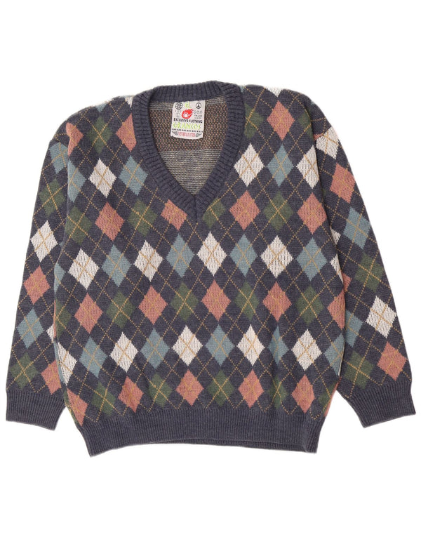 Vintage męski sweter z dekoltem w szpic, duży granatowy Argyle/diamentowa wełna