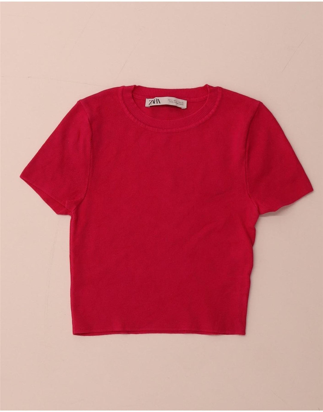 Damski sweter ZARA z krótkim rękawem i okrągłym dekoltem UK 8, mały, różowy