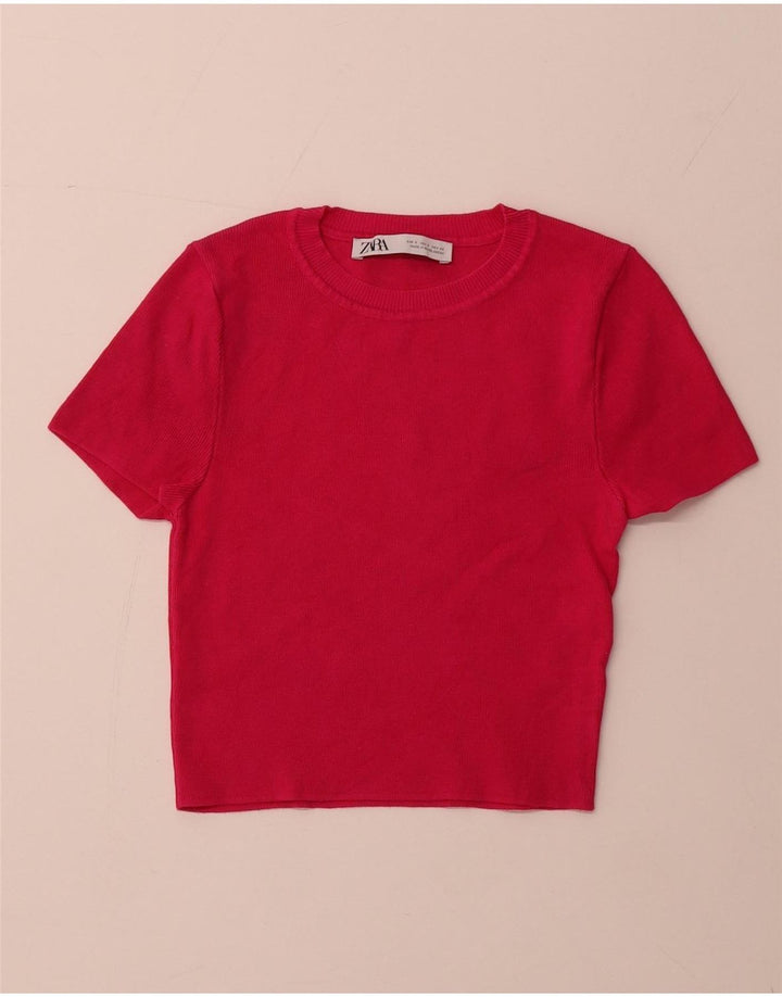 Damski sweter ZARA z krótkim rękawem i okrągłym dekoltem UK 8, mały, różowy