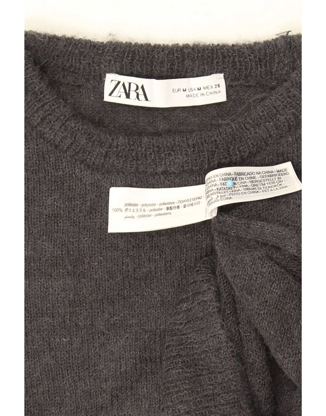 Damski sweter Zara z okrągłym dekoltem, UK 12, średni szary poliester