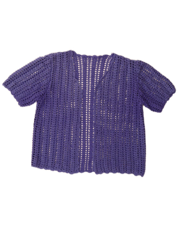 Vintage damski sweter szydełkowy z krótkim rękawem UK 12 średni fiolet