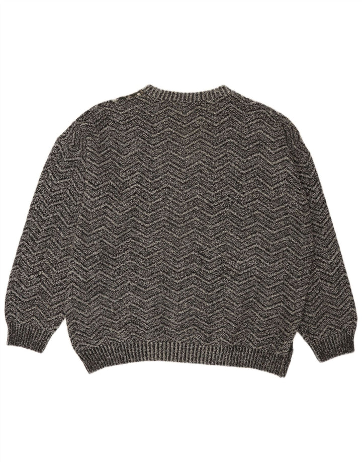 Vintage męski sweter z okrągłym dekoltem XL, szara patchworkowa wełna z alpaki