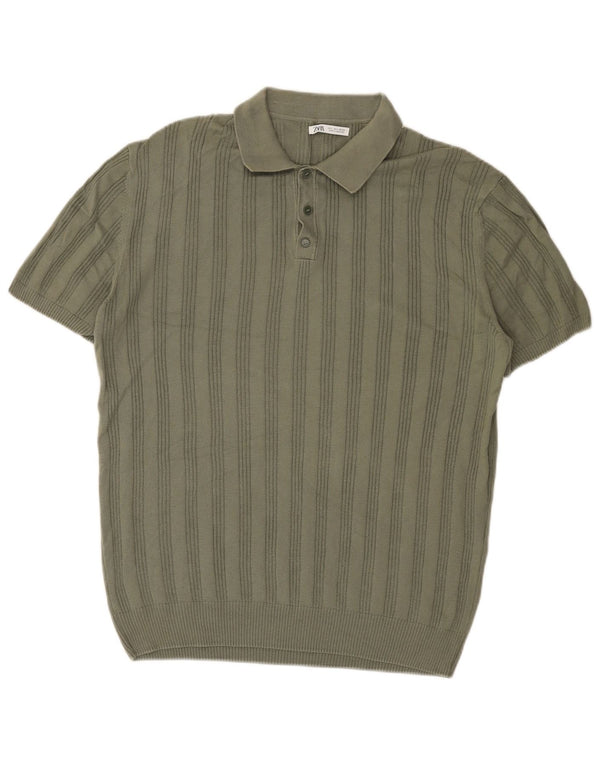 Zara Mens Short Sleeve Polo Neck Jumper Sweater Large Khaki Striped