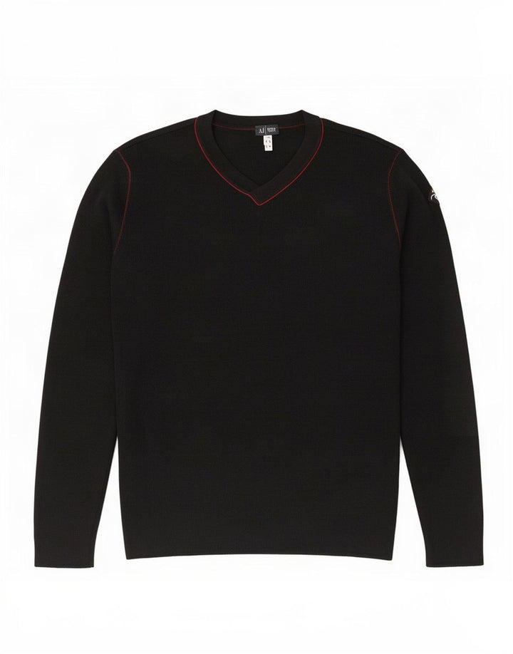 Armani Jeans Męski sweter z dekoltem w kształcie litery V, średniej wielkości czarna wełna