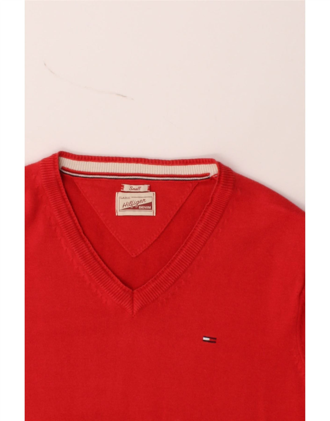 TOMMY HILFIGER Mens V-Neck Jumper Sweater Small Red Cotton Vintage Tommy Hilfiger and Second-Hand Tommy Hilfiger from Messina Hembry 
