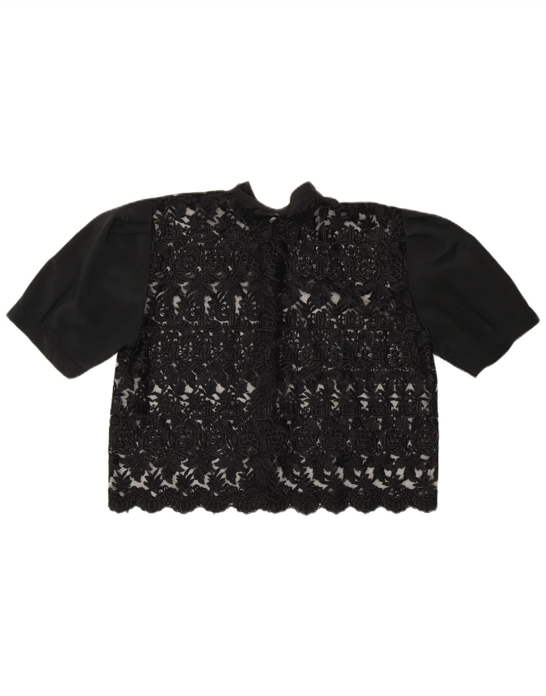 Vintage damska, krótka, prześwitująca bluzka koszulowa UK 14, średnia czarna w kwiaty