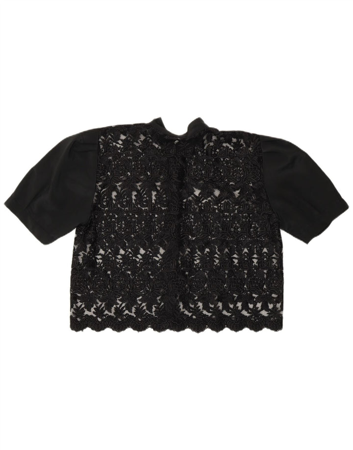 Vintage damska, krótka, prześwitująca bluzka koszulowa UK 14, średnia czarna w kwiaty