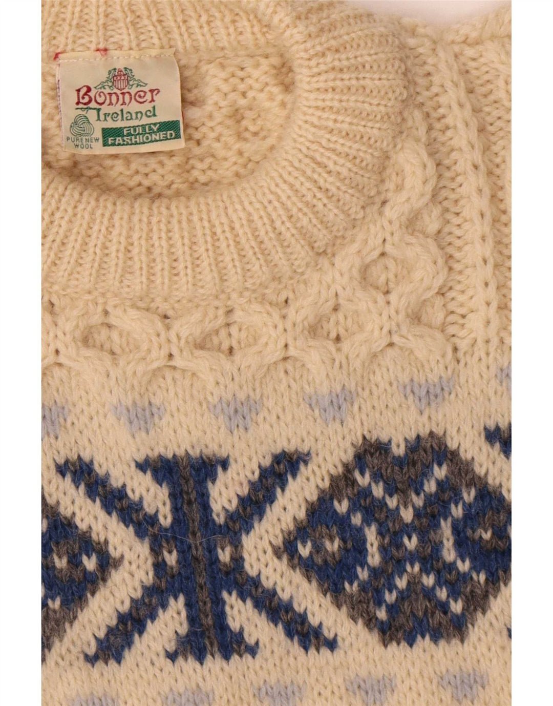 Męski sweter z okrągłym dekoltem Bonner, duży, beżowy, wełna Fair Isle