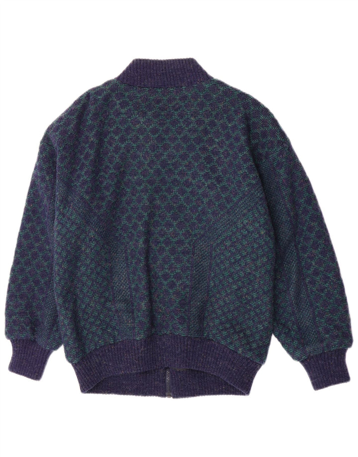Vintage męska dzianinowa kurtka bomber UK 38 średni niebieski geometryczny akryl retro