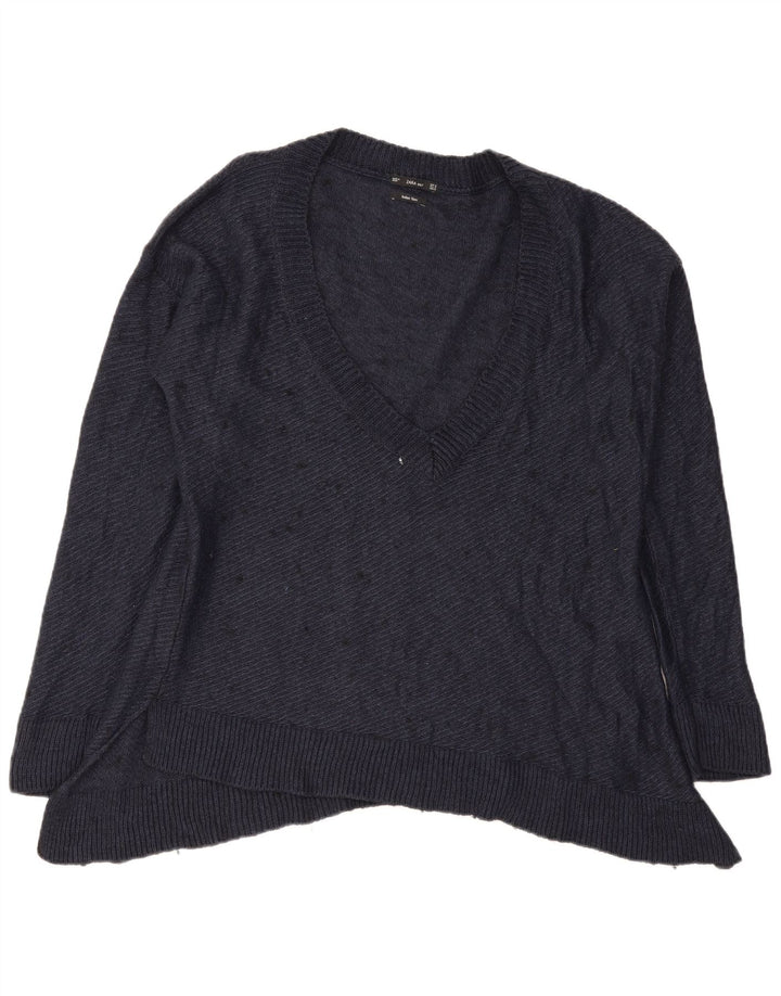 Sweter damski Zara Oversize z dekoltem w kształcie litery V, UK 14, średni granatowy, nakrapiany